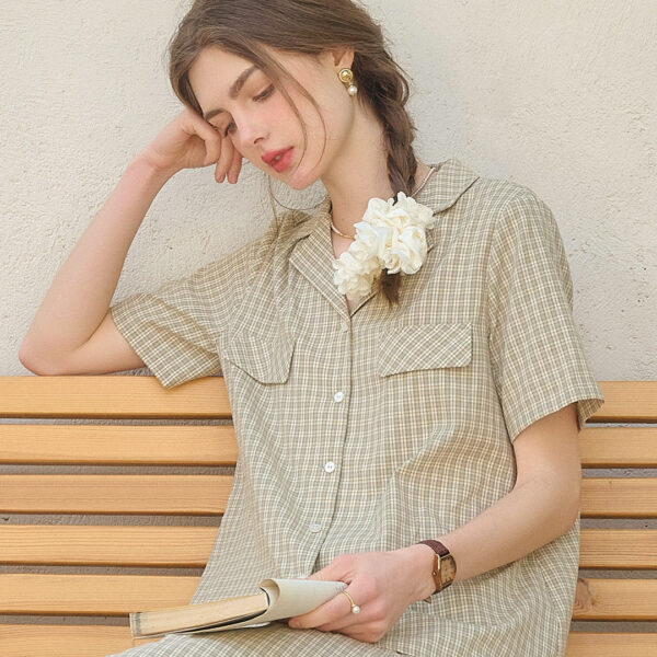Monica V-Neck Lapel Plaid Cotton Blouse