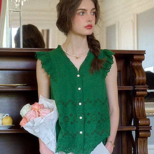 Hannah V-Neck Embroidery Ruffle Sleeve Top