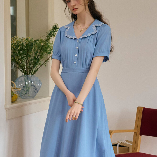 Natalie V-Neck Lace Tuck Pleats Dress