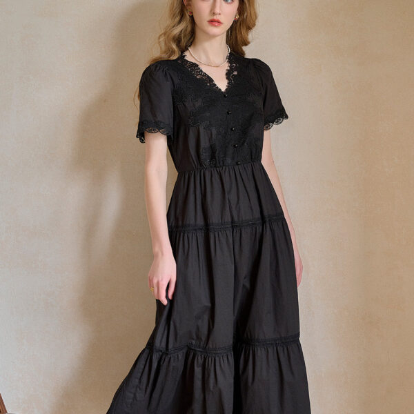 Clove V-Neck Lace Waist Cotton Dress