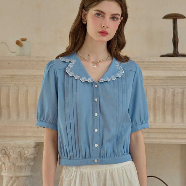 Miriam V-Neck Lace Tuck Pleats Blouse