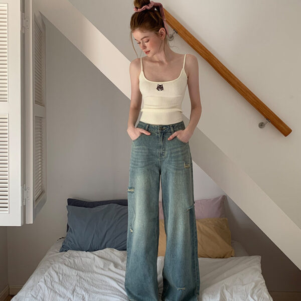 Damage Straight Casual High-Waist Denim-Pants